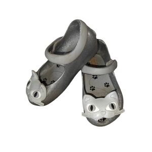 Mini Melissa Ultragirl II Mary Jane Flats Silver Glitter Cat Face Size 7 Toddler